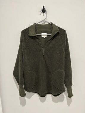 Aerie Cozy Olive Green Half-Zip Oversized Sherpa Pullover Sweater